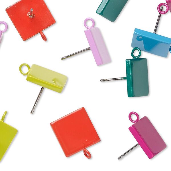 Earstud mix, enameled steel, mixed colors, 10x10mm square with closed loop. Sold per pkg of 6 pairs. image number 0