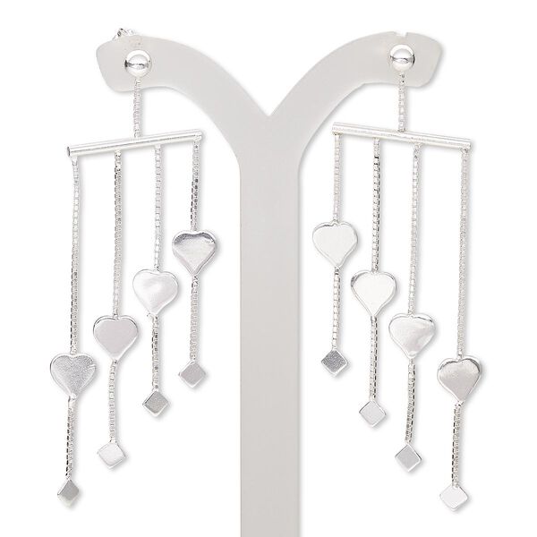 Earring, sterling silver, 2-1/2 inches with heart and diamond design with post. Sold per pair. image number 0