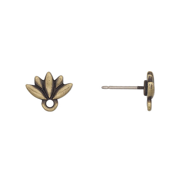 Earstud, TierraCast®, "Make a Statement" collection, antique brass-plated pewter, 11.5x7mm lotus with renewal theme and closed loop with titanium post. Sold per pkg of 5 pairs. image number 0
