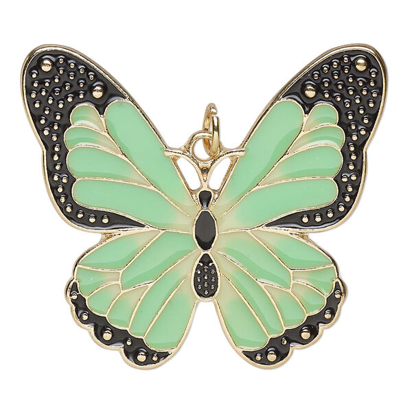 Focal, gold-finished brass and enamel, gold / green / black, 39x35mm single-sided butterfly with jump ring. Sold individually. image number 0