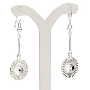 Earring, glass rhinestone with silver-plated brass and "pewter" (zinc-based alloy), black, 2 inches with matte flat round and fishhook ear wire. Sold per pair.