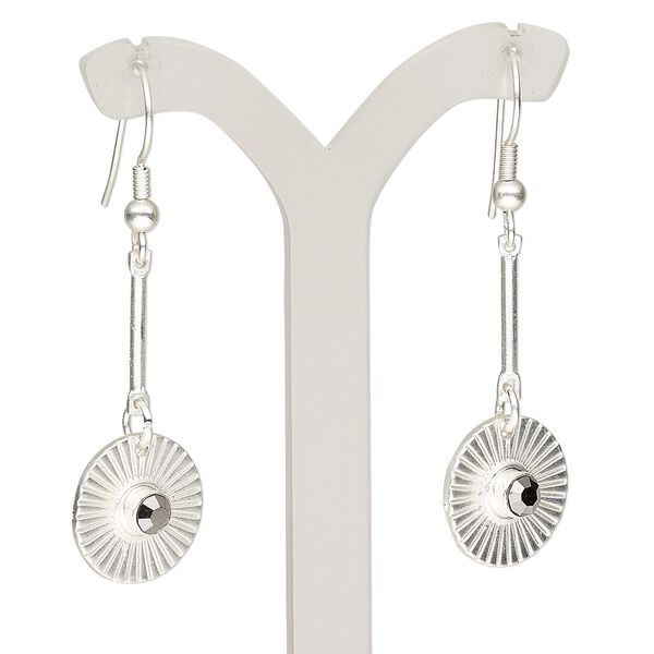 Earring, glass rhinestone with silver-plated brass and "pewter" (zinc-based alloy), black, 2 inches with matte flat round and fishhook ear wire. Sold per pair. image number 0