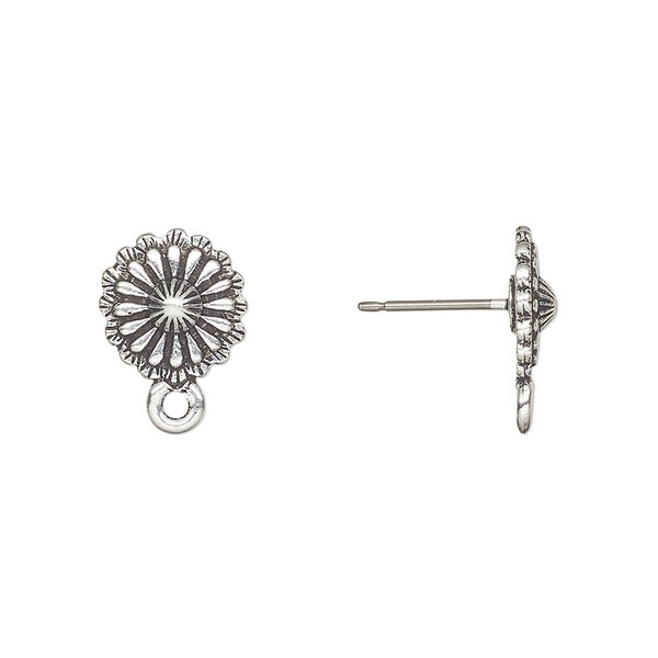 Earstud, TierraCast®, antique silver-plated pewter (tin-based alloy), 10mm round concho with closed loop. Sold per pkg of 5 pairs. image number 0