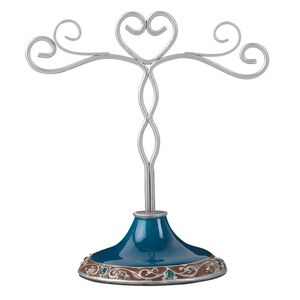 Display, enamel / "pewter" (zinc-based alloy) / glass rhinestone, teal / green / orange, 4 x 3-1/2 x 2 inches with heart design. Sold individually.