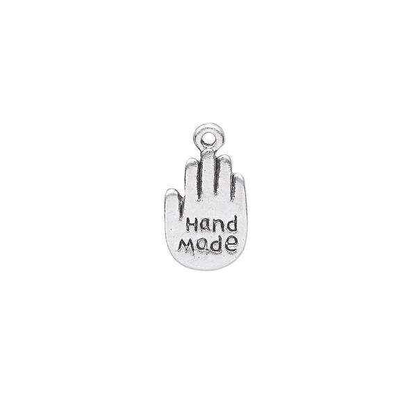 Charm, antique silver-plated "pewter" (zinc-based alloy), 13x9mm double-sided hand with "Hand Made." Sold per pkg of 20. image number 0