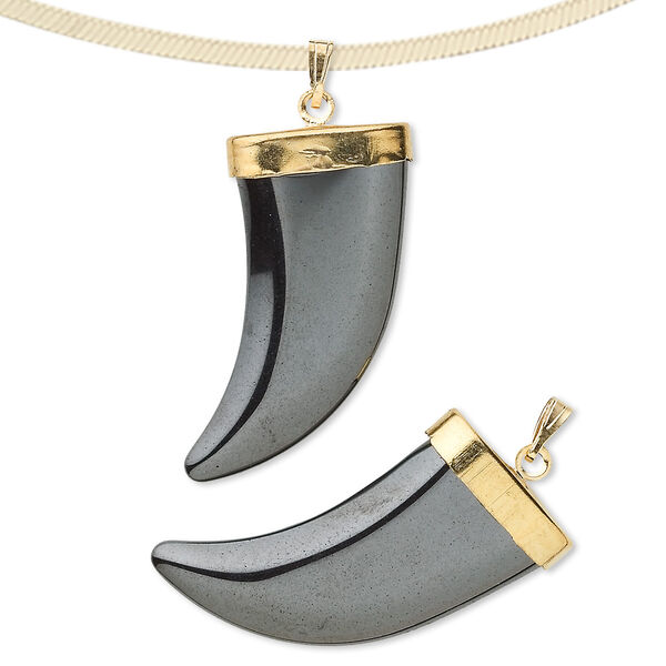 Pendant, Hemalyke™ (man-made) and gold- and/or silver-finished brass bail, 30x15mm Italian horn. Sold per pkg of 2. image number 0