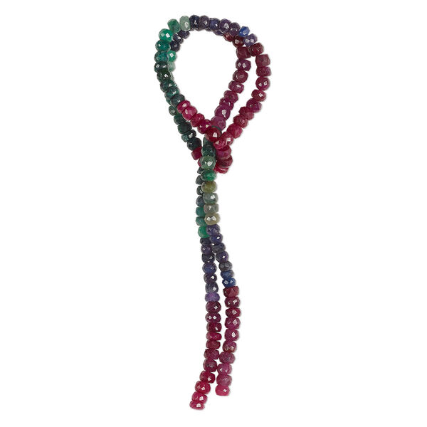 Bead, ruby / blue sapphire / emerald (dyed/heated/oiled), 4x2m-5x3mm hand-cut faceted rondelle, C+ grade, Mohs hardness 9. Sold per 13-inch strand, approximately 120 beads. image number 0