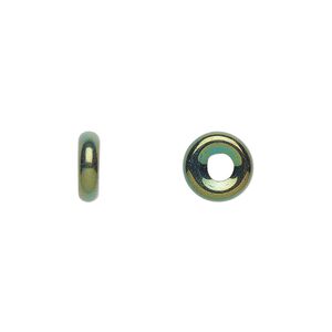 Bead, Czech pressed glass, iris green, 9.5x3mm ring. Sold per pkg of 50.
