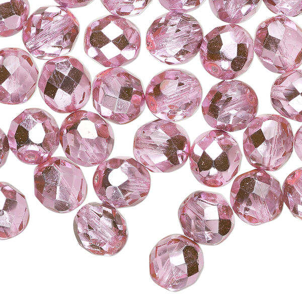 Bead, Czech fire-polished glass 1pkg600, opaque metallic bubblegum, 8mm faceted round. image number 0