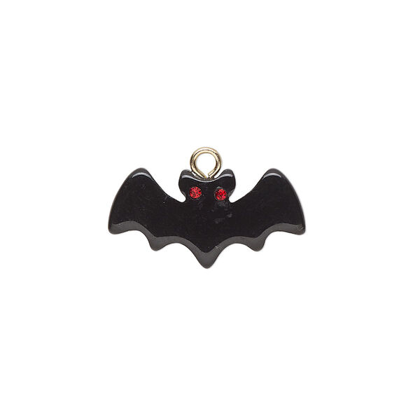 Charm, gold-finished "pewter" (zinc-based alloy) and resin, black and red, 20.5x10mm bat. Sold per pkg of 2. image number 0