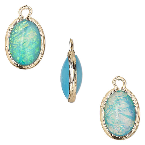 Drop, Opalized Ice™, "opal" (resin) and gold-finished brass, light blue, 16x12mm double-sided oval. Sold per pkg of 4. image number 0