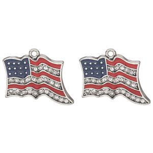 Charm, antique silver finish "pewter" (zinc-based alloy) / enamel / glass, blue / red / clear, 27x20mm single-sided American flag, Sold per pkg of 2.