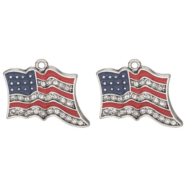 Charm, antique silver finish "pewter" (zinc-based alloy) / enamel / glass, blue / red / clear, 27x20mm single-sided American flag, Sold per pkg of 2. image number 0