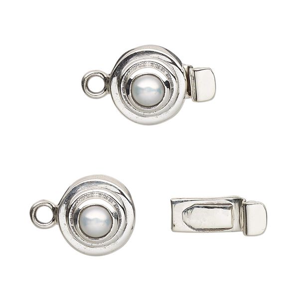 Clasp tab 1pkg1 sterling silver / cultured freshwater pearl, 11mm round / 5mm round cab, 1-strand image number 0