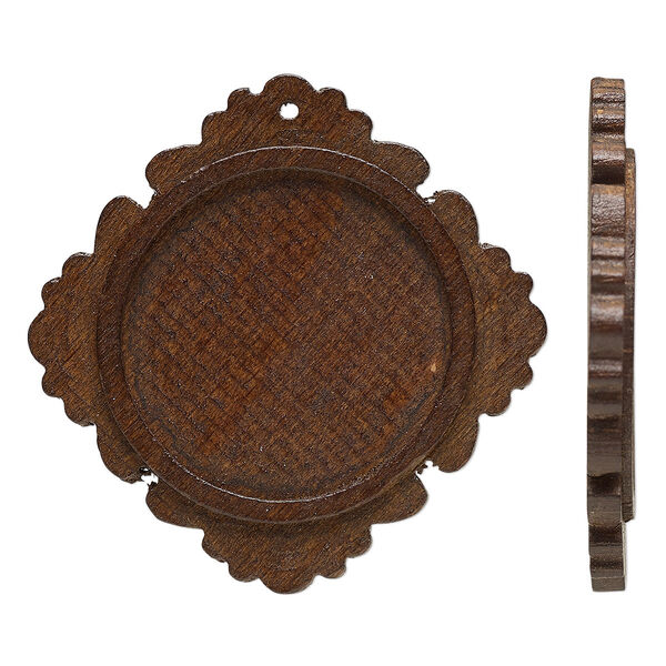 Focal, stained Japanese pagoda wood (natural), dark brown, 46.5mm single-sided top-drilled diamond with 30mm non-calibrated round glue-in setting. Sold per pkg of 8. image number 0