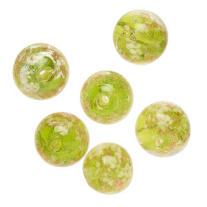 Bead, lampworked glass, clear / peridot green / glow-in-the-dark / gold, 12mm round. Sold per pkg of 6.