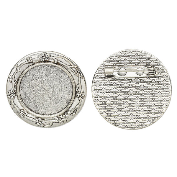 Brooch back, glue-in, antique silver-finished "pewter" (zinc-based alloy), 30mm single-sided round with flower design with 20mm round setting. Sold per pkg of 2. image number 0