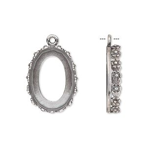Drop, JBB Findings, antique silver-plated brass, 20x15mm oval with open back and flower design trim, 18x13mm oval bezel setting. Sold per pkg of 2.