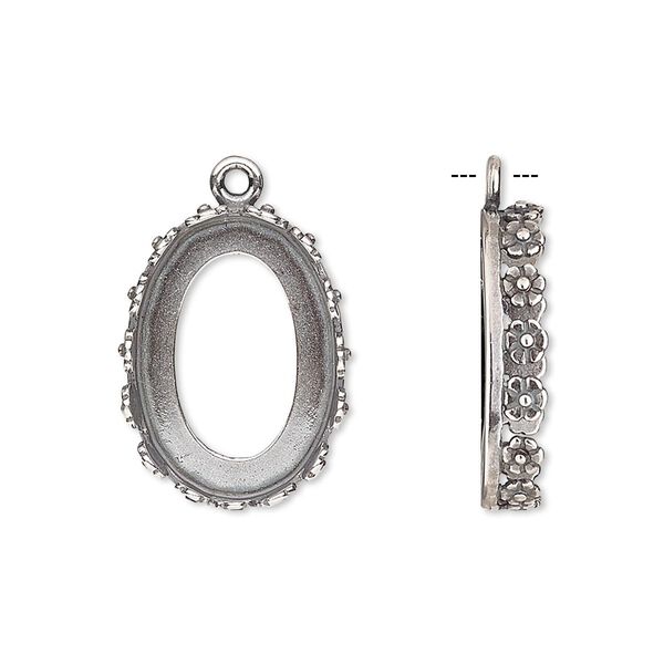 Drop, JBB Findings, antique silver-plated brass, 20x15mm oval with open back and flower design trim, 18x13mm oval bezel setting. Sold per pkg of 2. image number 0