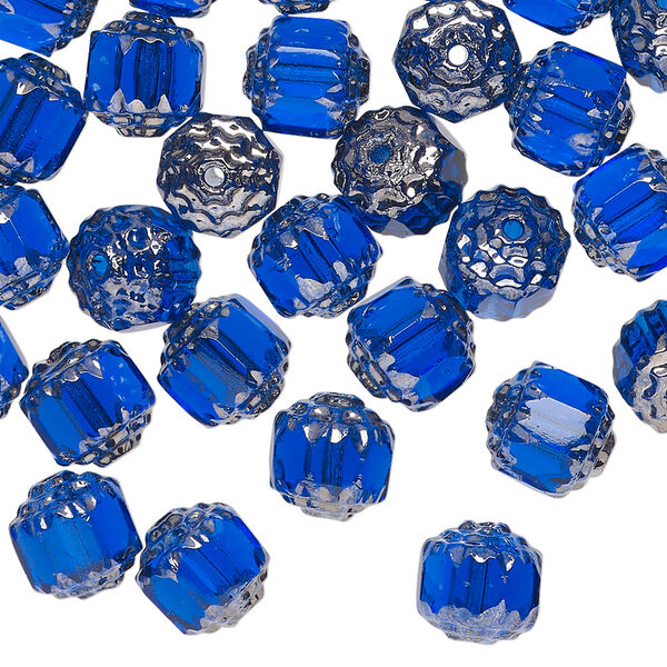 Bead 1pkg50 Czech glass, cobalt and metallic silver, 8mm round cathedral image number 0