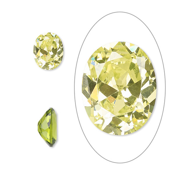 Gem, cubic zirconia, peridot green, 10x8mm faceted oval, Mohs hardness 8-1/2. Sold individually. image number 0