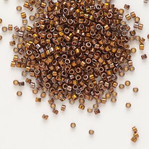 Seed bead, Delica®, glass, pkg/50g, #11 round, opaque 24Kt gold-plated iris red (DB-0506).