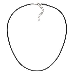 Necklace cord, imitation leather with imitation rhodium-finished steel and "pewter" (zinc-based alloy), black, 2mm wide, 18 inches with 1-1/2 inch extender chain and lobster claw clasp. Sold per pkg of 10.
