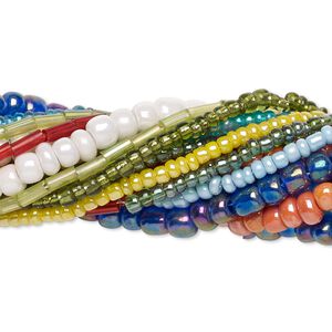 Bead mix, seed bead and bugle bead, glass, pkg/(10)14 inch, 6/0 center-drilled round, mixed mixed colors.