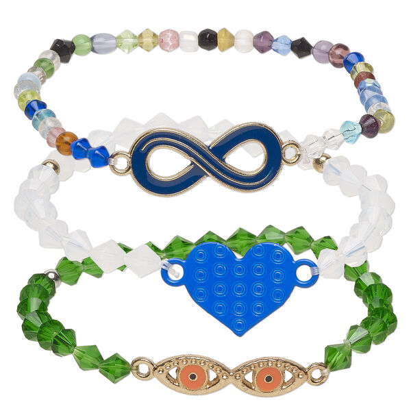Bracelet mix, stretch, enamel / glass / silver- / gold-finished "pewter" (zinc-based alloy), multicolored, 13-17mm wide with mixed shape, 8 inches. Sold per pkg of 3. image number 0