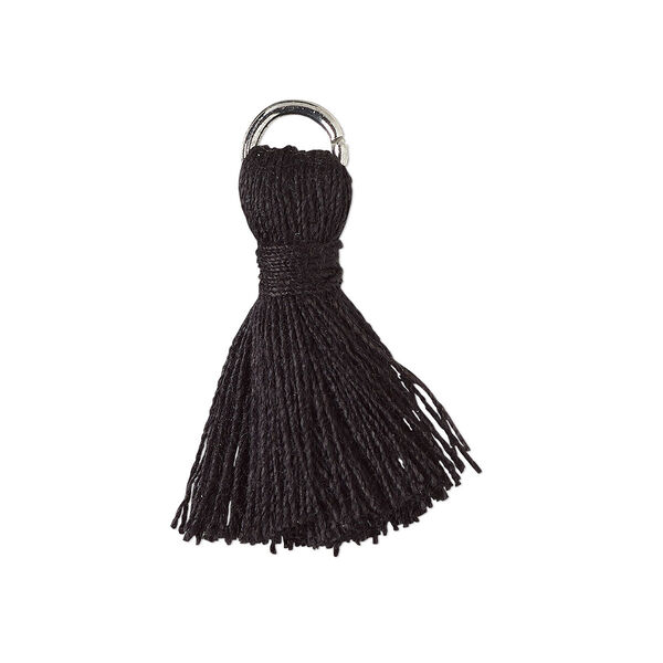Tassel, cotton and imitation rhodium-finished steel, black, 20-24mm mini tassel with 6mm open jump ring. Sold per pkg of 6. image number 0