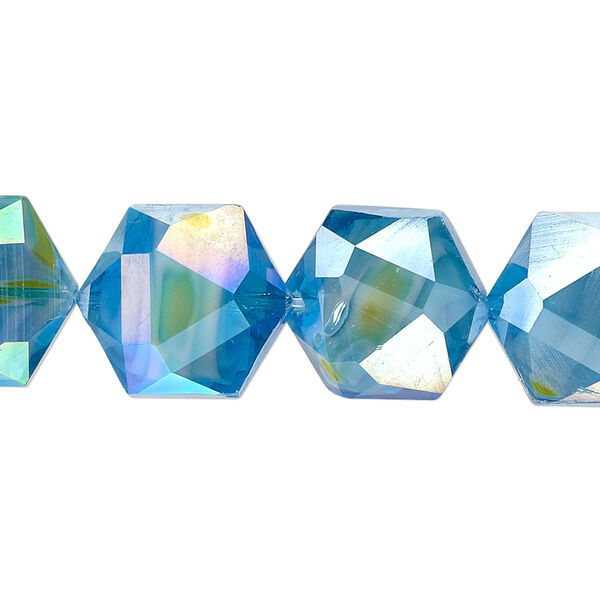 Bead, millefiori glass, marbled aqua blue AB, 16x14mm faceted hexagon. Sold per 8-inch strand, approximately 10 beads. image number 0