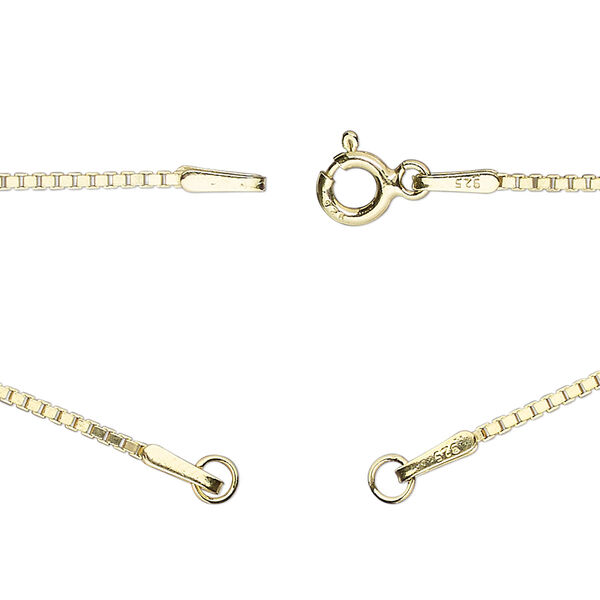 Sterling silver "vermeil" 1pkg1, 1.1mm square box chain necklace component, 18.75 inch / 5mm springring clasp / 3.5mm jump ring gold-plated image number 0