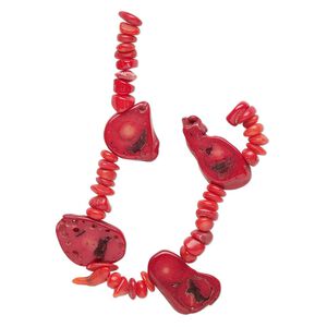 Bead mix, bamboo coral (dyed), light to dark red, small to extra-large chip and 23x12mm-37x27mm slab, Mohs hardness 3-1/2 to 4. Sold per 8-inch strand.