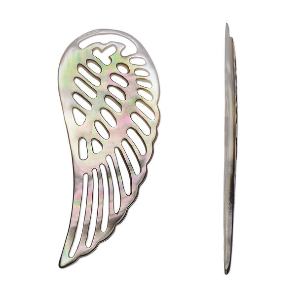 Focal, black lip shell (natural), 58x24mm-59x26mm hand-cut undrilled single-sided carved wing, Mohs hardness 3-1/2. Sold individually. image number 0