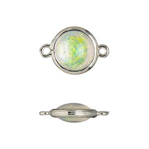 Link, Opalized Ice™, "opal" (resin) and imitation rhodium-finished brass, opaque white, 14mm double-sided round. Sold per pkg of 4.