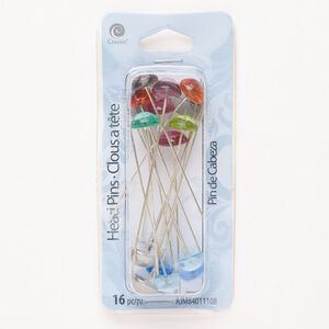 Head pin mix, brass and millefiori glass, pkg/16, silver finish and mixed colors, 2 to 2-1/2 inches round, 21 gauge.