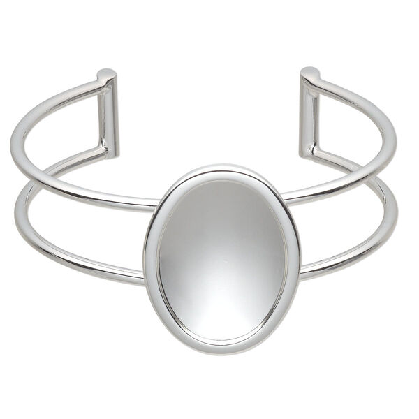 Bracelet, Almost Instant Jewelry®, cuff, silver-plated brass and "pewter" (zinc-based alloy), 65x35mm with 30x22mm oval setting, adjustable. Sold individually. image number 0