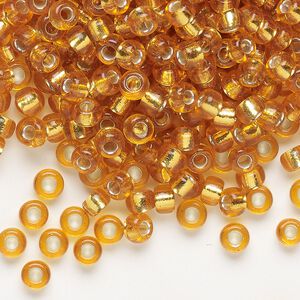 Seed bead, Miyuki, glass, pkg/25g, #6 rocaille, transparent silver-lined dark gold (RR-4).