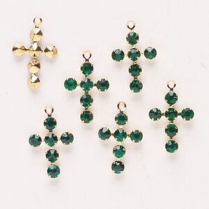 Drop, gold-finished brass and glass, green, 16x12mm-17x13mm cross. Sold per pkg of 6.