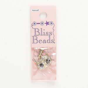 Pendant, gold-finished "pewter" (zinc-based alloy) and steel / glass, black and clear, 17x12mm owl face. Sold individually.