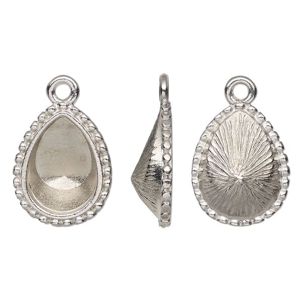 Drop, TierraCast®, Almost Instant Jewelry®, white bronze-plated pewter (tin-based alloy), 18x14mm teardrop with beaded edge and 14x10mm pear glue-in setting (4320). Sold per pkg of 20. image number 0