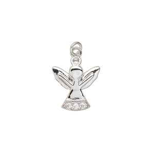 Charm, cubic zirconia and imitation rhodium-plated brass, clear, 16x14mm single-sided angel with 4mm open jump ring. Sold per pkg of 2.