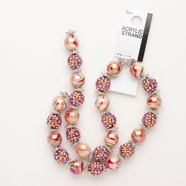 Bead, acrylic, pkg/16 inches, silver finish and multi-pink, 8.5x5mm beaded rondelle / 14mm round / 13mm bumpy round. image number 0