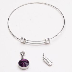 Bracelet and charm "pewter" zinc-based alloy steel 3pk 8-inch bangle wearable length, silver finish amethyst
