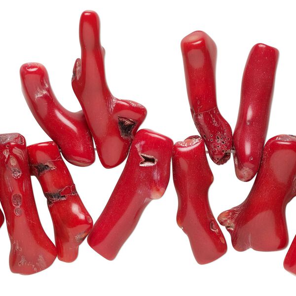 Bead, bamboo coral (dyed), red, 28x10mm-50x17mm stick, C grade, Mohs hardness 3-1/2 to 4. Sold per 14-inch strand. image number 0