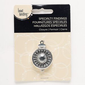 Clasp, tab, acrylic and antiqued silver-finished steel, clear, 26mm round. Sold individually.