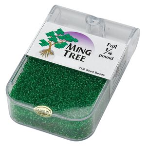Seed bead, Ming Tree™, glass, pkg/1/4 pound, #11 round, transparent green.