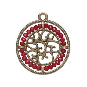 Drop, glass and antique brass-finished "pewter" (zinc-based alloy), dark red, 28mm round with hearts and beaded border. Sold per pkg of 2.