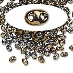 Seed bead, Preciosa Twin™ Czech glass, pkg/50g, 5x2.5mm oval, opaque gold iris black, (59115).