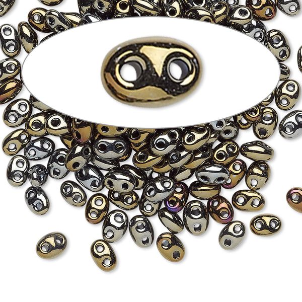 Seed bead, Preciosa Twin™ Czech glass, pkg/50g, 5x2.5mm oval, opaque gold iris black, (59115). image number 0